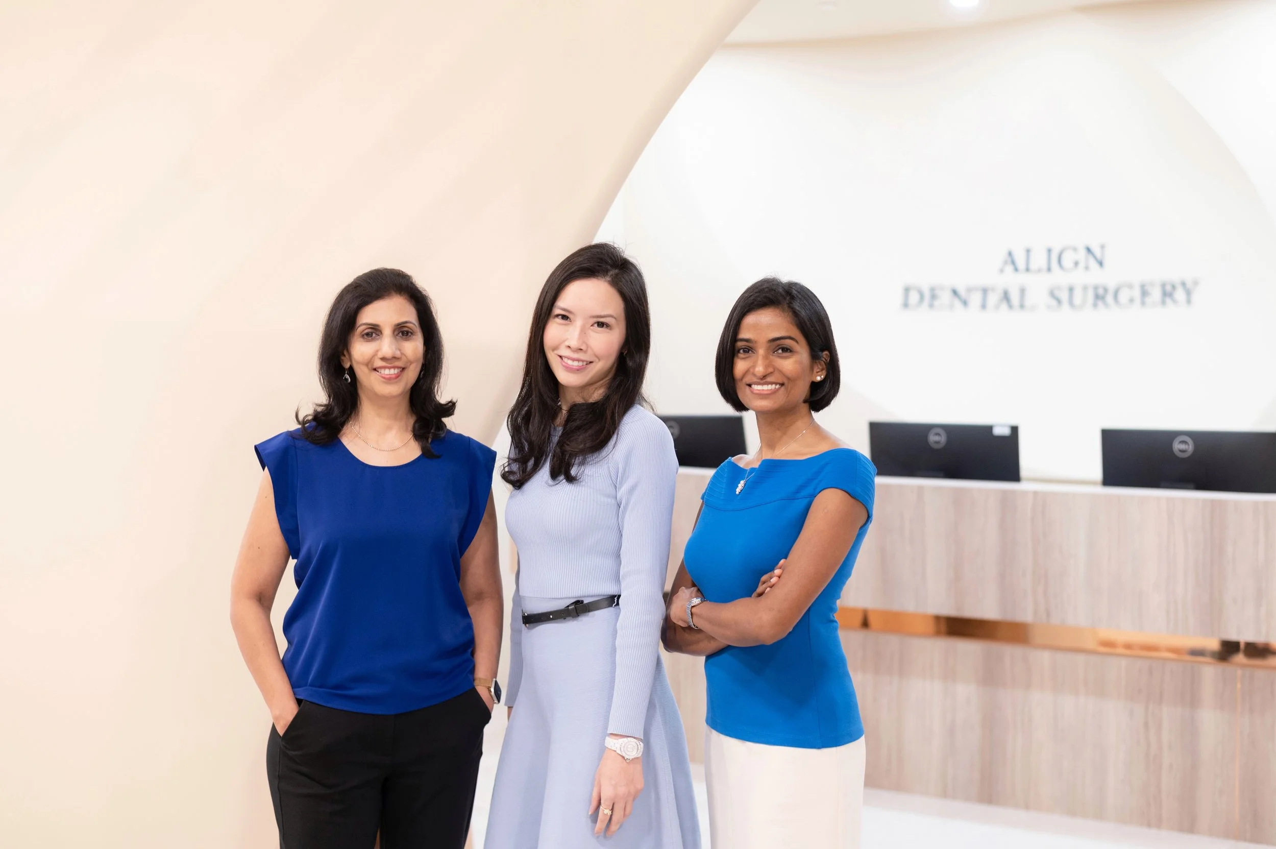 The three director dental surgeons of Align Dental Surgery, Dr. Krushna Reddy, Dr. Alexia Kwan and Dr. Priyanji De Silva, at their Orchard Road clinic, Forum The Shopping Mall, Singapore
