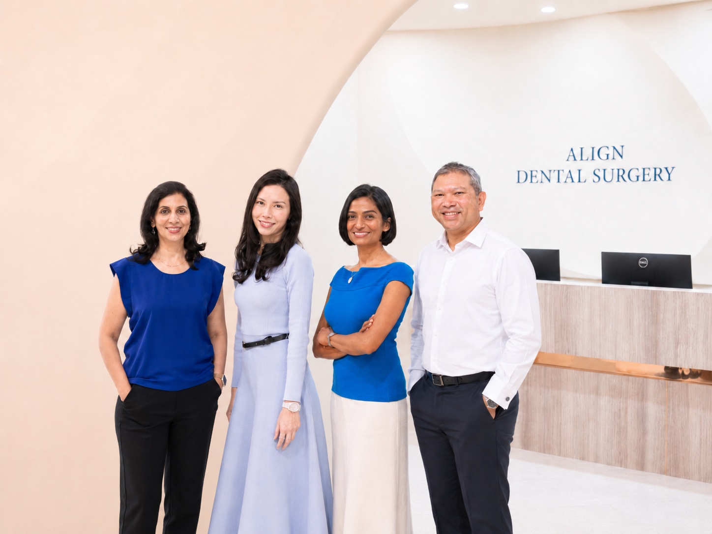 The four senior dental surgeons of Align Dental Surgery, Dr. Krushna Reddy, Dr. Alexia Kwan, Dr. Priyanji De Silva and Dr. Chang Fu-Gui, at their Orchard Road clinic, Forum The Shopping Mall, Singapore